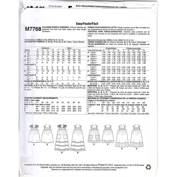 McCall's M7768 Girls 7 to 14 Easy Dress Uncut Sewing Pattern New - Picture 2 of 2